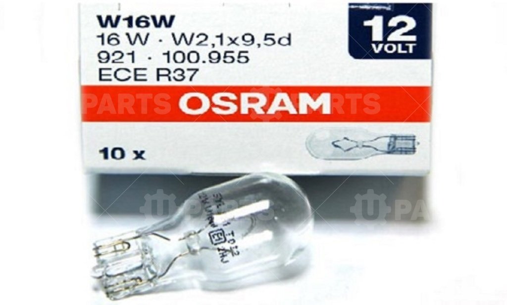 Лампа OSRAM W16W 12V (16W) W2,1x9,5d стеклянный цоколь 4008321100948